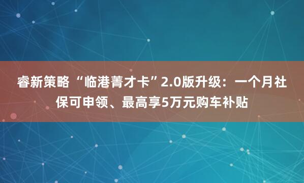 睿新策略 “临港菁才卡”2.0版升级：一个月社保可申领、最高享5万元购车补贴